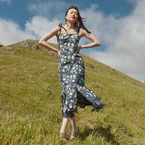 Desirae Embroidered Fringe Midi Dress - Dark Blueberry/Ivory Ditsy Floral Embroi